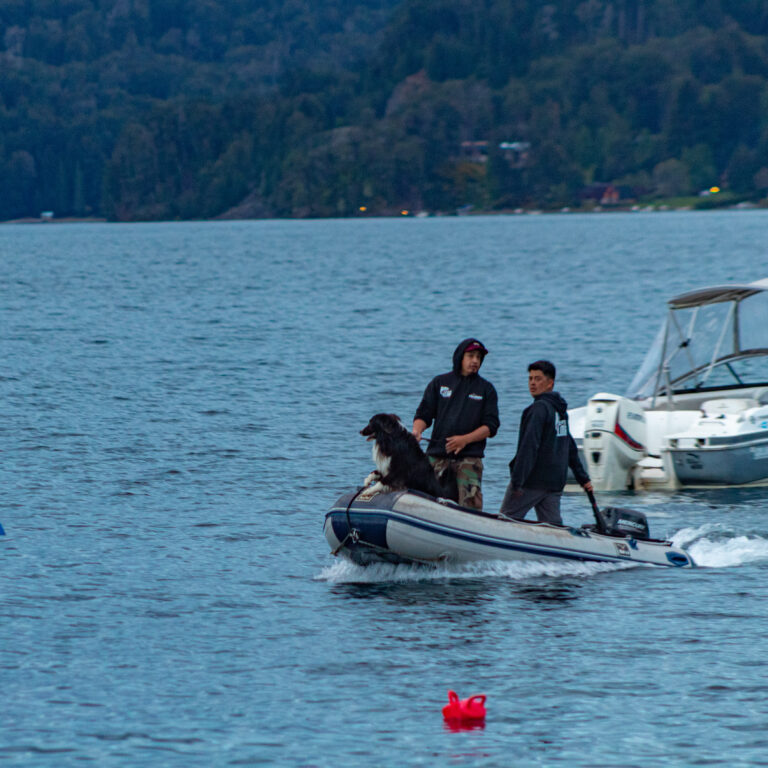 Embarcación y paisaje del lago Nahuel Huapi en Puerto Elma